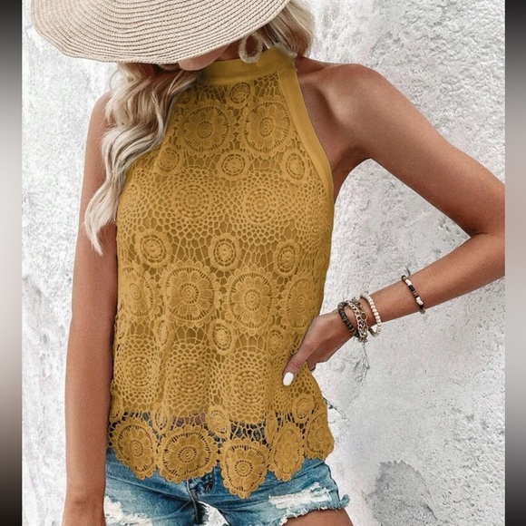 Black Boho Floral Sheer Mesh Lace High Mock Halter Neck Top Blouse Shirt Green - Picture 10 of 13